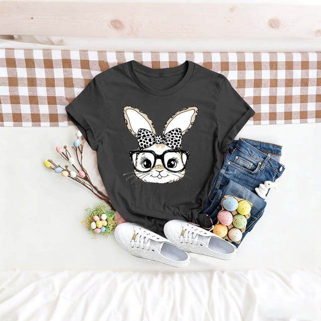 TaTaai Women's Cotton Easter Bunny Tee Short Sleeve Crew Neck Printed Loose Fit Casual Summer Top Family Egg Hunt Daily Wear Gift