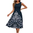 thumbnail image 7 of Women's Casual Sleeveless Midi A-Line Dress Crew Neck Abstract Geometric Print High Waisted Empire Waist Flare Swing Dress Breathable Flowy Summer Daily Wear Office Apparel, 7 of 7