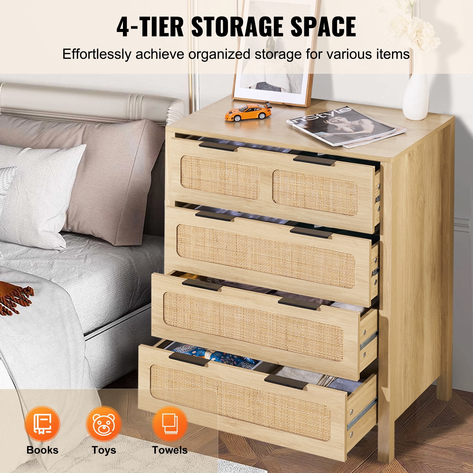 KFFKFF 4-Compartment Rattan Chest, Authentic Rattan Wood Storage Unit with LED Illumination, Contemporary Wooden Apparel Sorter & Storage Bohemian Chest with Robust Handles & Stand