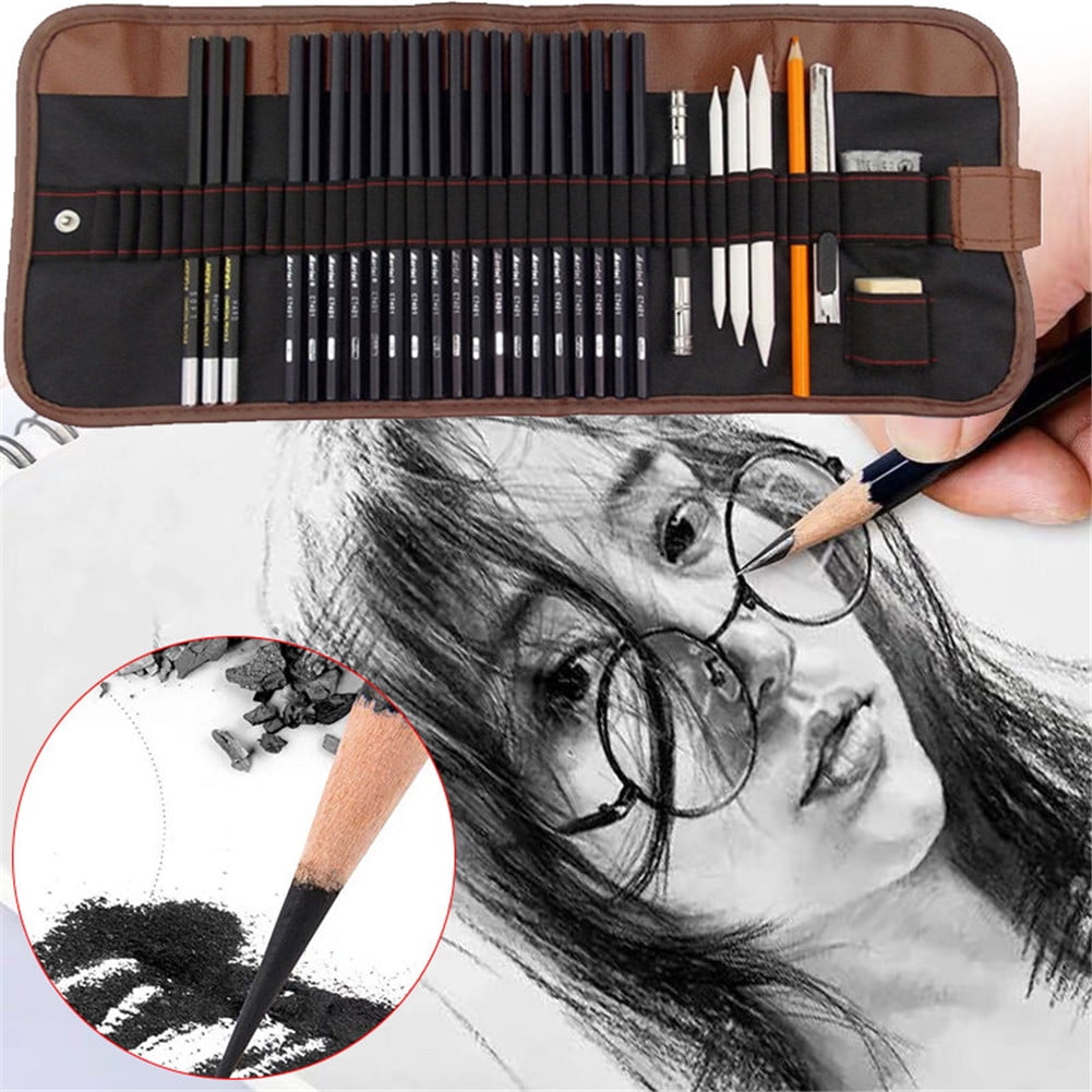 29 Pieces Professional Sketching & Drawing Art Tool Kit with Graphite  Pencils, Charcoal Pencils, Paper Erasable Pen, Craft Knife-Lightwish  (Without Sketchbook, with Canvas Rolling Pouch）