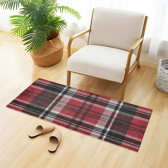 Red White Black Plaids Plush Carpet Non Slip Runner Rug Absorbent Bath Mat 39" x 20"