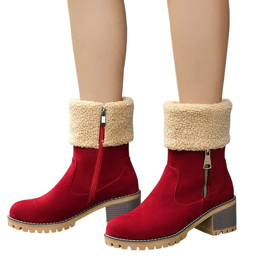 Fuzzy Winter Boots for Women Suede Lug Sole Stacked Heel Zipper Short Snow Booties Casual Round Toe Ankle Boots