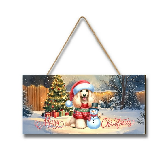 Merry Christmas Woofmas Xmas Noel Afghan Hound Santa Snowman Landscape Wood Sign Dog Lover Hanging Wall Home Decor - 13016