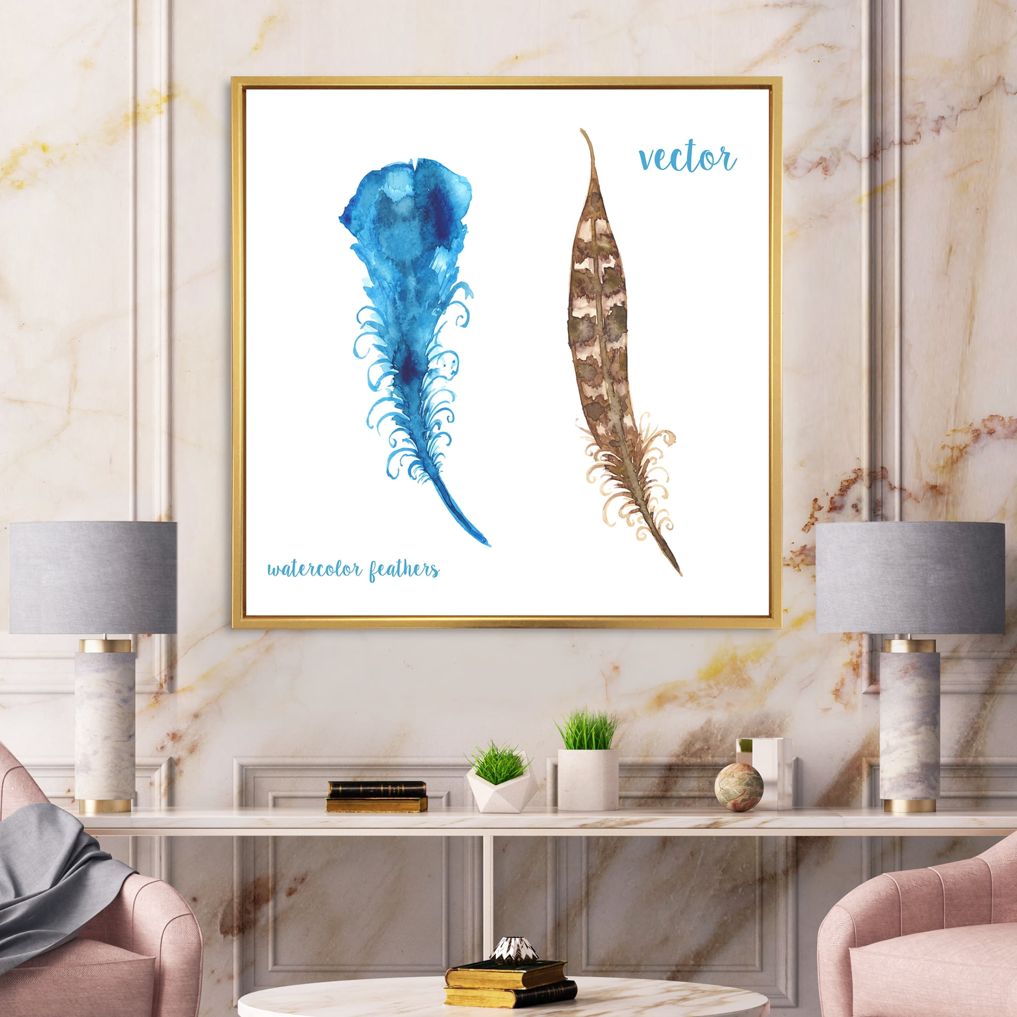 Ethnic Boho Watercolor Feathers 30 in x 30 in Framed Painting Canvas Art Print, by Designart