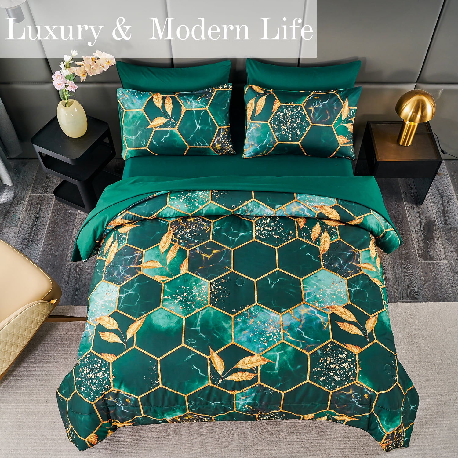 RYNGHIPY Green Gold Geometric 3-Piece Green Honeycomb Microfiber Comforter Set Full Size