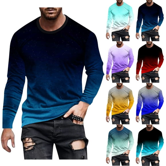 JURANMO Big and Tall Men's Long Sleeve Tops Fashion Gradient Color Crewneck Pullovers Casual Stretch Athletic Tee Shirts Yellow S