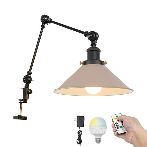 Kiven Battery Operated Clip-on Desk Lamp, 1-Light Dimmable Clip On Light with Flexible Arm,Remote Control, Modern Decorative Clamp Lamp for Bookshelf Cabinet,Khaki DZ0001