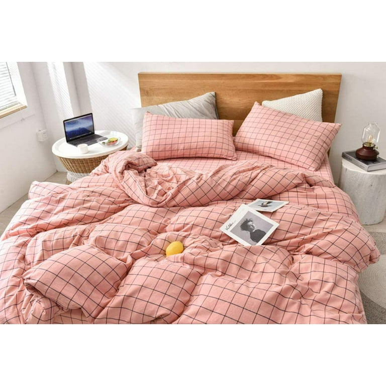 Girl Plaid Duvet Cover Set Full Size Modern Rose Grid Gingham