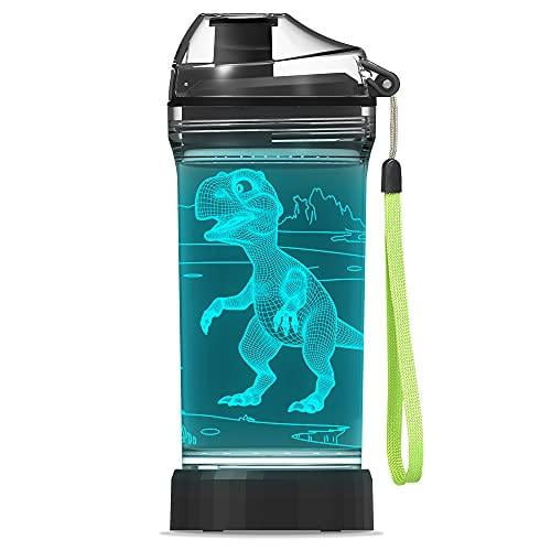 Dinosaur Gifts, Light Up Boy Water Bottle with 3D Dino T Rex Design- 14 OZ Tritan BPA Free Eco-Friendly - Cool Drinking Cups Gift for School Kids Boy Girl Child Dinosauria Lovers