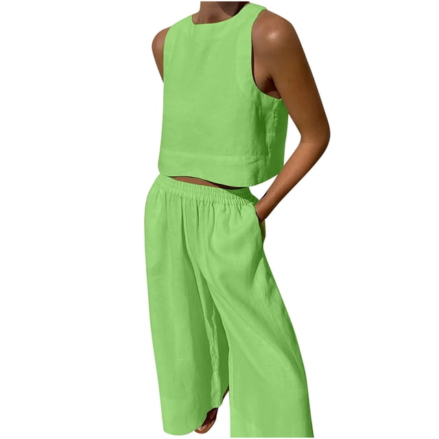 Ensembles de Pantalons 2 Pcs pour Femmes Tenue de Printemps pour Femmes Ensemble de Vêtements Femme Col Rond Hauts Sans Manches Ensembles de Pantalons Style Pantalon Cargo S_856 Survêtements pour Femmes Vert TG