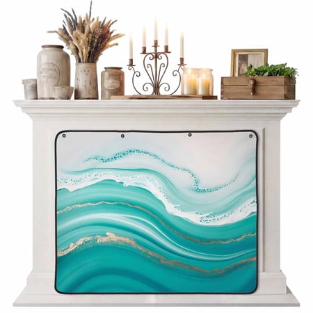 Magnetic Fireplace Cover Turquoise Waves Fireplace Screen Abstract Gradient Fluid Art Insulation Fireplace Blocker Blanket Save Energy Fireplace Draft Stopper Covers for Living Room 39x32