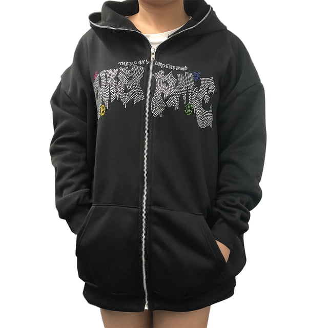 Faithtur Couple Spring Jacket, Rhinestone Letters Long Sleeve Hooded Loose Coat, Women Men Full Zip-Up Fall/Winter Jackets