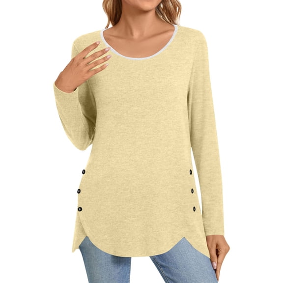 WTOBBY Fashionable Women's Long Sleeve Solid Color Button Detail Top Round Neck Casual Wear Breathable Material Perfect for Office or Weekend Layering Piece Stretch Fit,Beige L