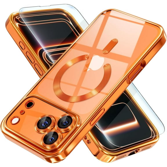 Magnetic for iPhone 17 Pro Max Case Compatible with MagSafe [Never Yellowing] [Military Grade Drop Protection] Full Camera Lens Protector Plating Soft Clear Phone Case for Women, Cosmic Orange