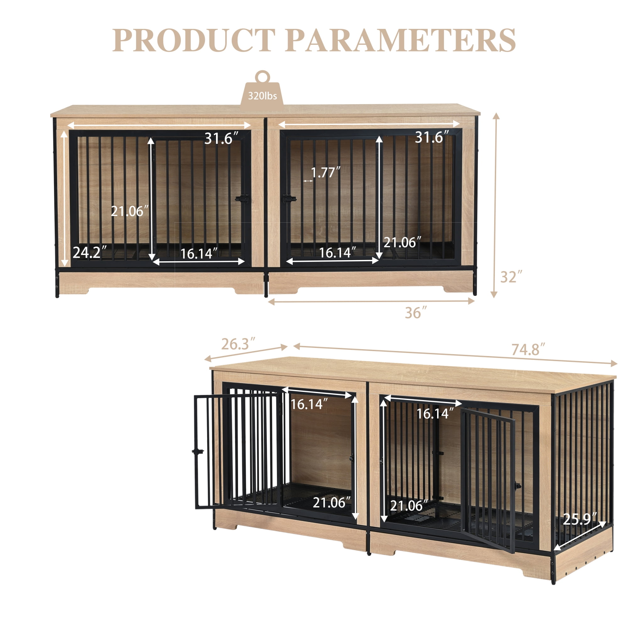 Leumius Dog Crate Furniture with Two Combined Room, XL Large Double Dog Cage Furniture with Tray Wooden Dog Kennel Furniture for Medium Large Dogs Black+Natural