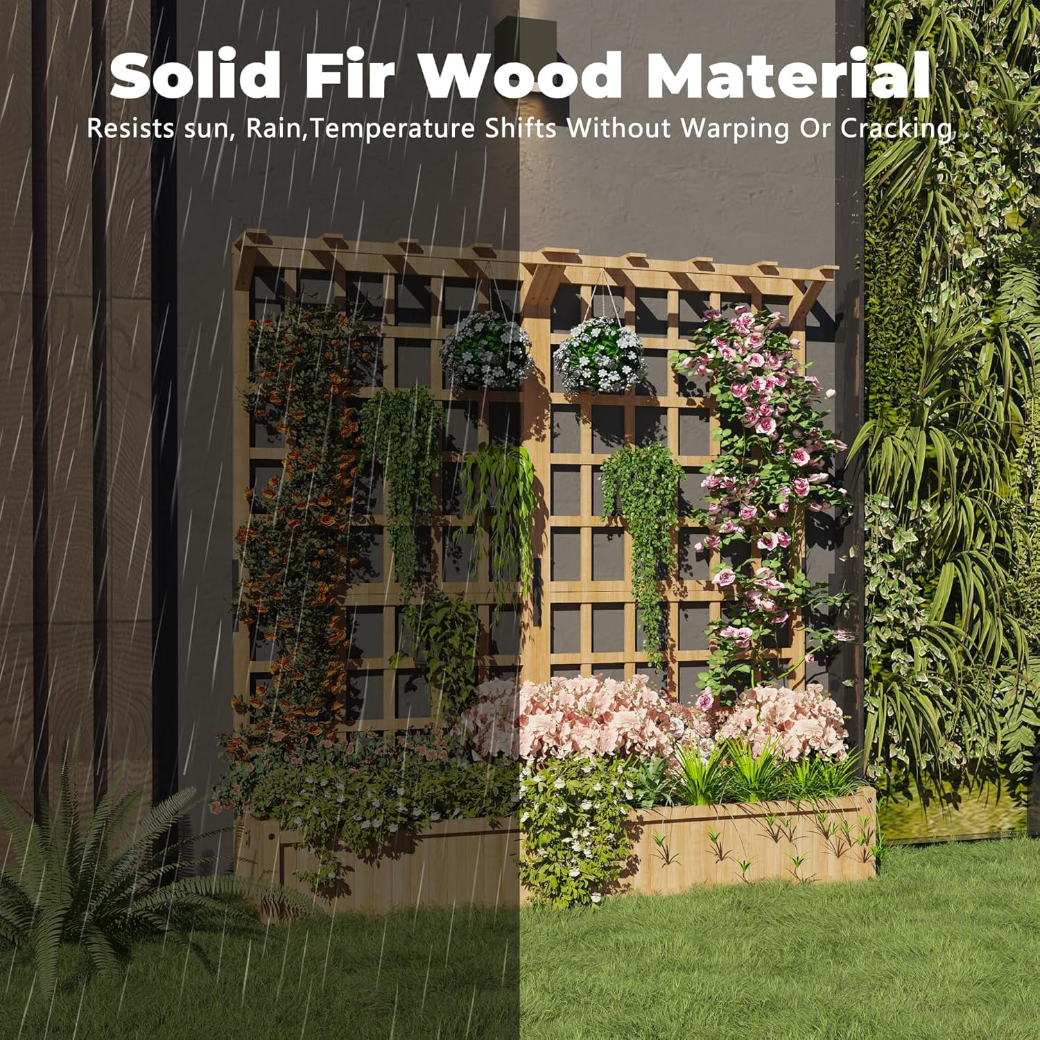 2-Tier Wooden Planter Box with Trellis for Outdoor Gardens, Elevated Raised Bed for Flowers and Vegetables, 1.4Ft Deep Planter with Hanging Roof & Drainage Holes