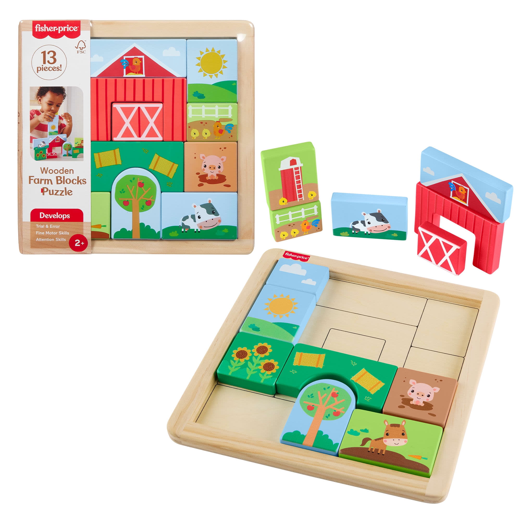 Fisher-Price Wooden Farm Blocks Puzzle Activity Toy for Toddlers & Kids, 14 Wood Pieces