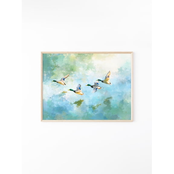 Mallard Ducks Flying Over Lake Vintage Pastel Nature Art V2, UNFRAMED Size 30x30