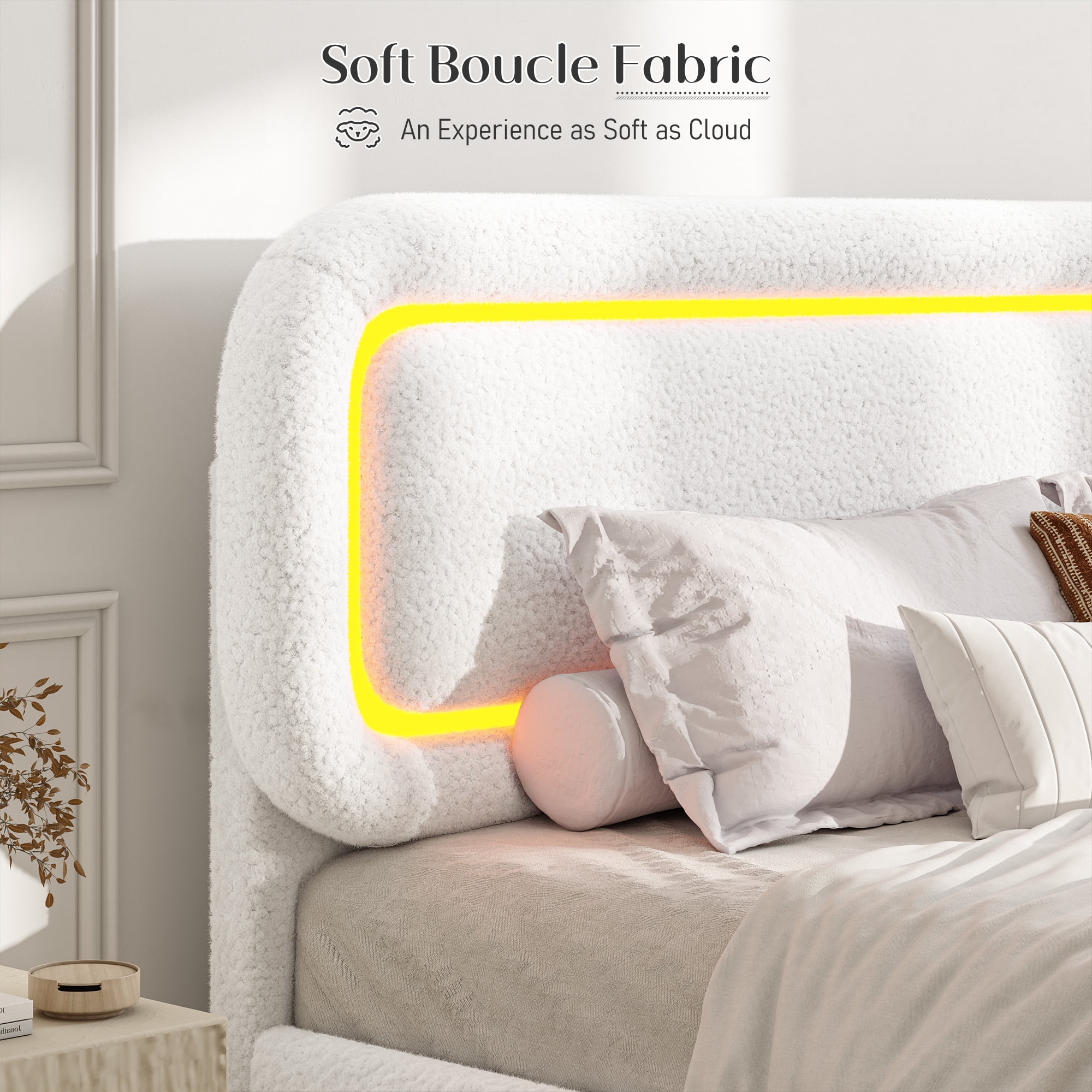 EnHomee Boucle Bed Frame with Rounded Corner Cloud Bed Frame with Headboard Upholstered Bed Frame Full Size ,White