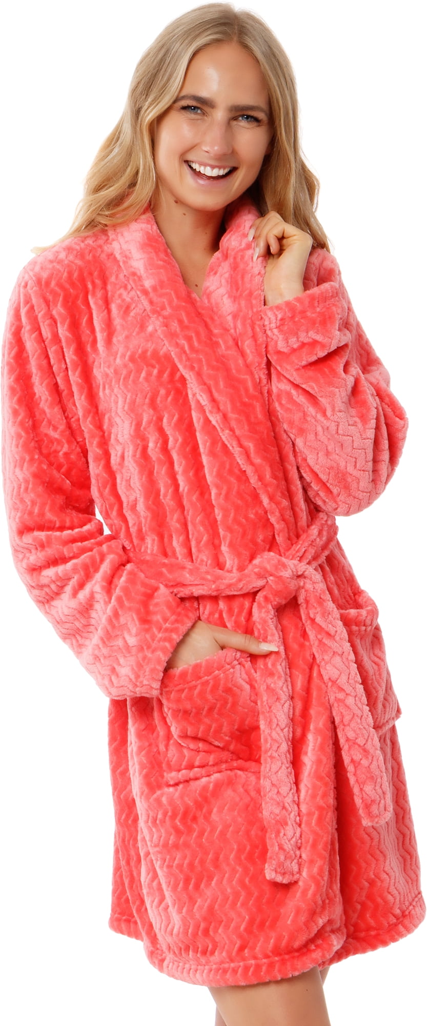 Silver Lilly Womens Embossed Robe Plush Fleece Chevron Coral Textured Short Kimono Bathrobe