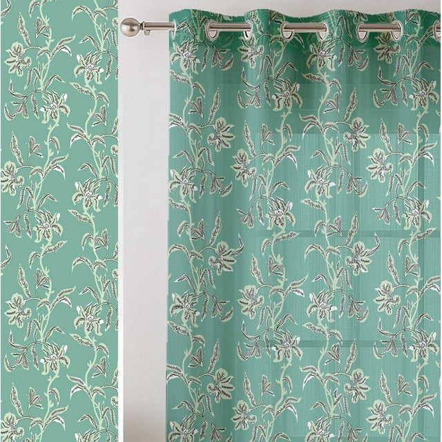 Vargottam Leaves Print Sheer Curtains for Short Windows Set of 2 Panels, 63" Length, Grommet Top, Printed Georgette, Light Filtering Drapes for Kitchen or Bedroom