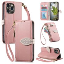 Leather For iPhone 14 Pro Max  Case Leaf buckle zipper wallet  3-card  Flip Wallet Leather Case With Card Holder Magnetic Closure  Phone Cases Cover,Pink,For iPhone 14 Pro Max