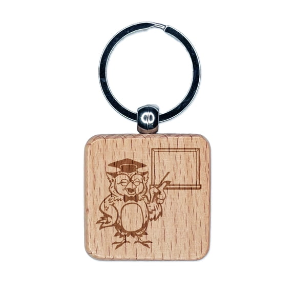 Owl Teacher with Blank Whiteboard Chalkboard Square Keychain Charm Tag - Engraved Wood