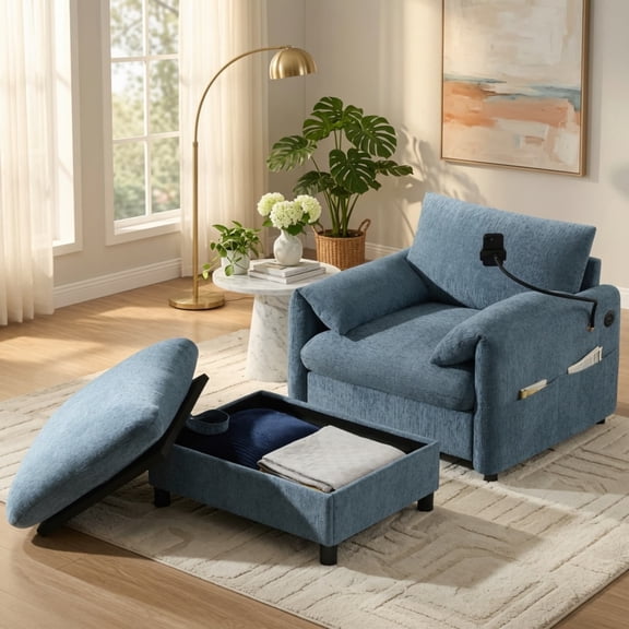 37" Chenille Accent Chair with Storage Ottoman, USB & Type-C Charger, Adjustable Phone Holder, Single Sofa Lounge Chair for Living Room Apartment, Blue