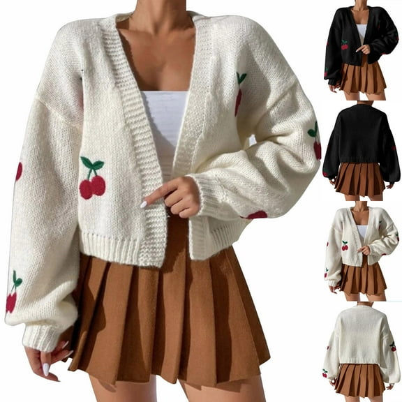 Karight Women's Cherry Cropped Cardigan Sweaters Open Front Long Sleeve Cute Chunky Knit Short Cardigan Trendy