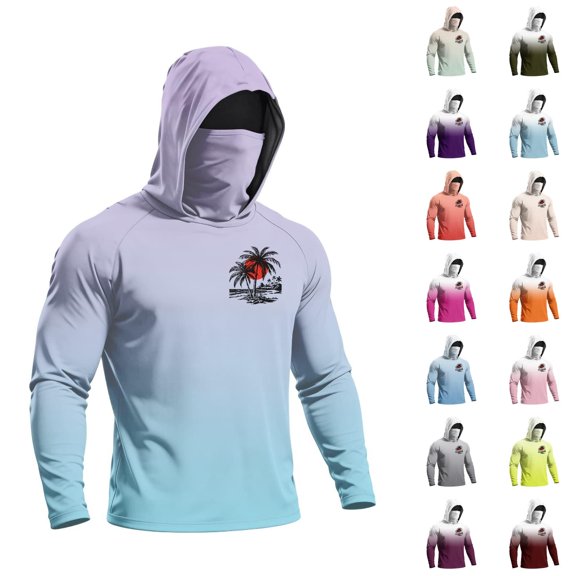 Mens UPF 50 Fishing Hoodie UV Sun Protection Shirts Long Sleeve Mask Top Athletic Fishing Shirts