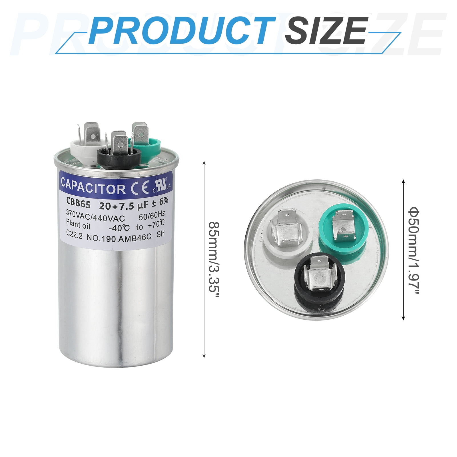 Uxcell CBB65 Capacitor, 20+7.5uF 370-440 VAC 50/60Hz Aluminium CBB65 Air Conditioner Motor Starting Round Capacitor for HVAC Systems, Air Conditioner, Heat Pump