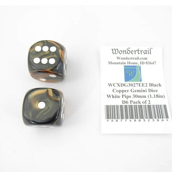 Black and Copper Gemini Dice with White Pips 30mm (1.18in) D6 Pack of 2 Wondertrail