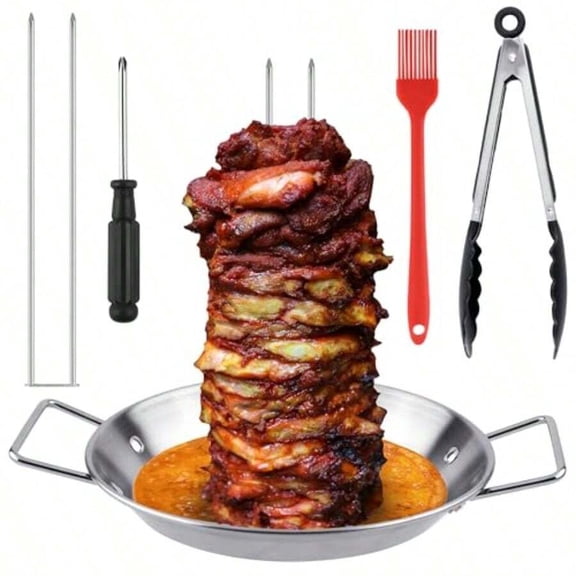 Al Pastor Skewer for Grill and BBQ - Stainless Steel Vertical Skewer Pan with Spikes, Tongs, and Screwdriver - Vertical Rotisserie for Turkey, Tacos, Shawarma, and Chicken