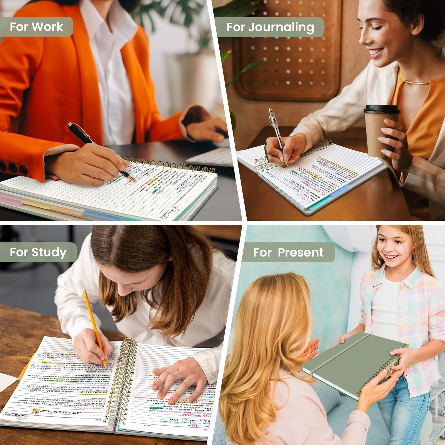 Hardcover Spiral Journal Notebooks For Work With Removable Dividers & Tabs  8.5"x11" 5 Subject Notebook Note Taking Organizer A4 College Ruled Lined Women Writing Green 280 Pages
