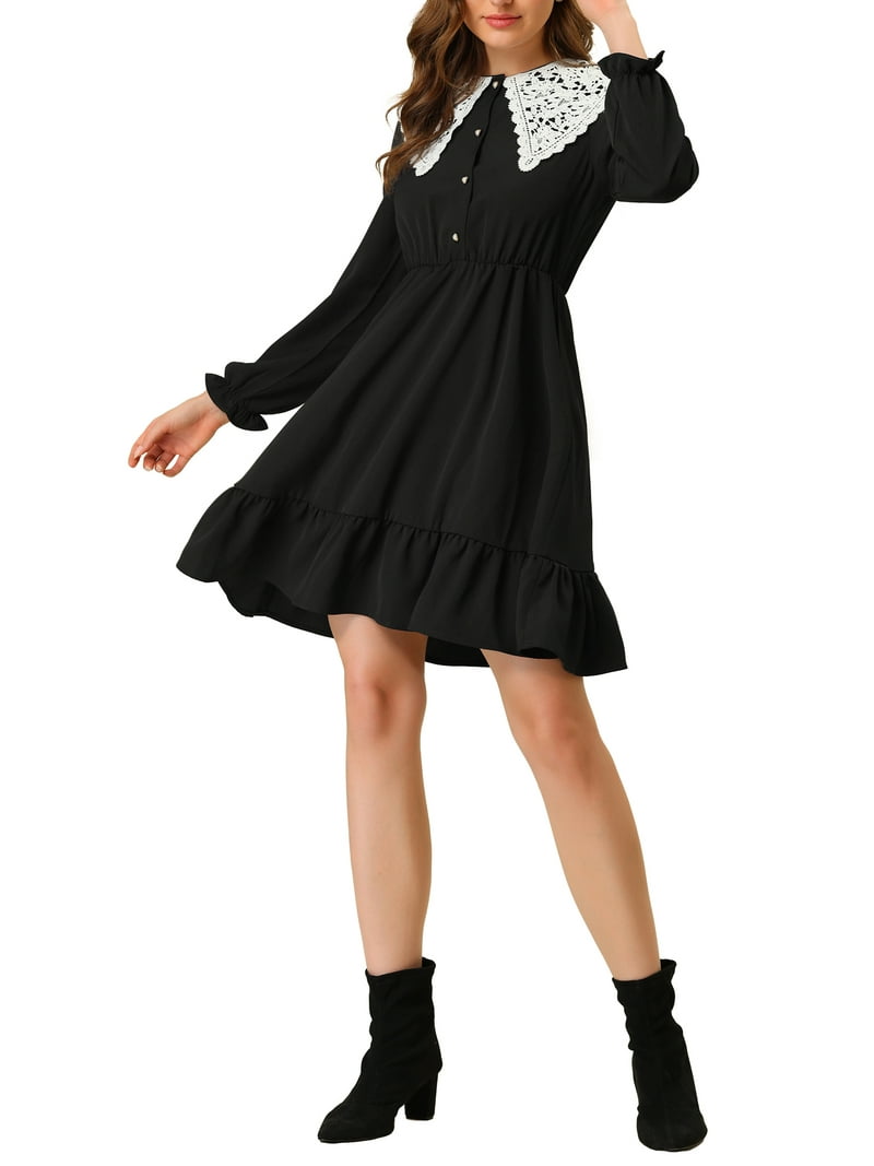 Inspire Chic Women's Retro Ruffle Hem Dresses A-Line Lace Panel Peter Pan Collar Dress M Black, Size: Medium