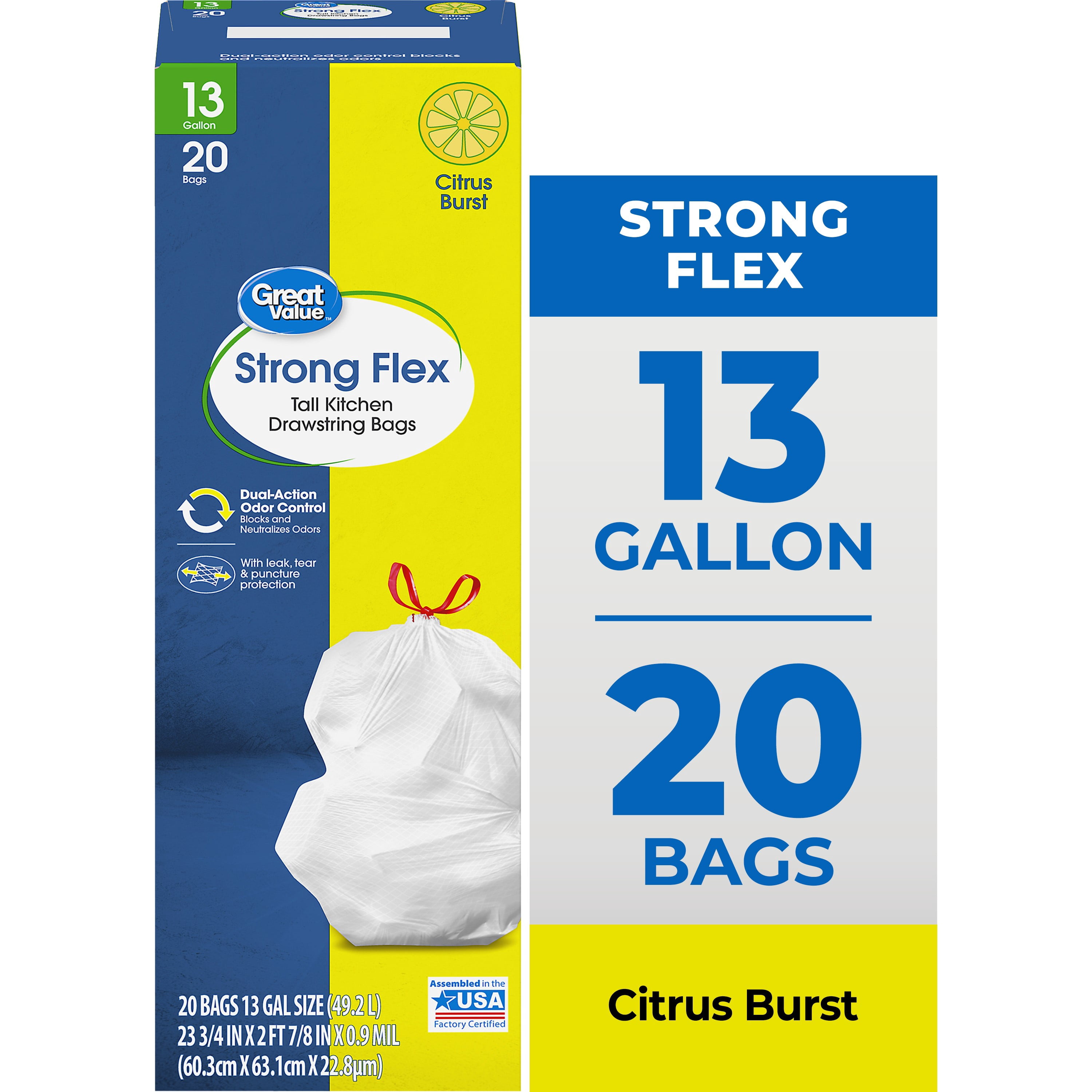 (6 pack) Great Value Strong Flex 13-Gallon Drawstring Tall Kitchen Trash Bags, Citrus Burst, 20 Count