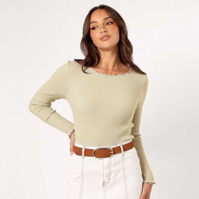 Round neck lace solid color slim fit simple commuter temperament slim top long sleeve