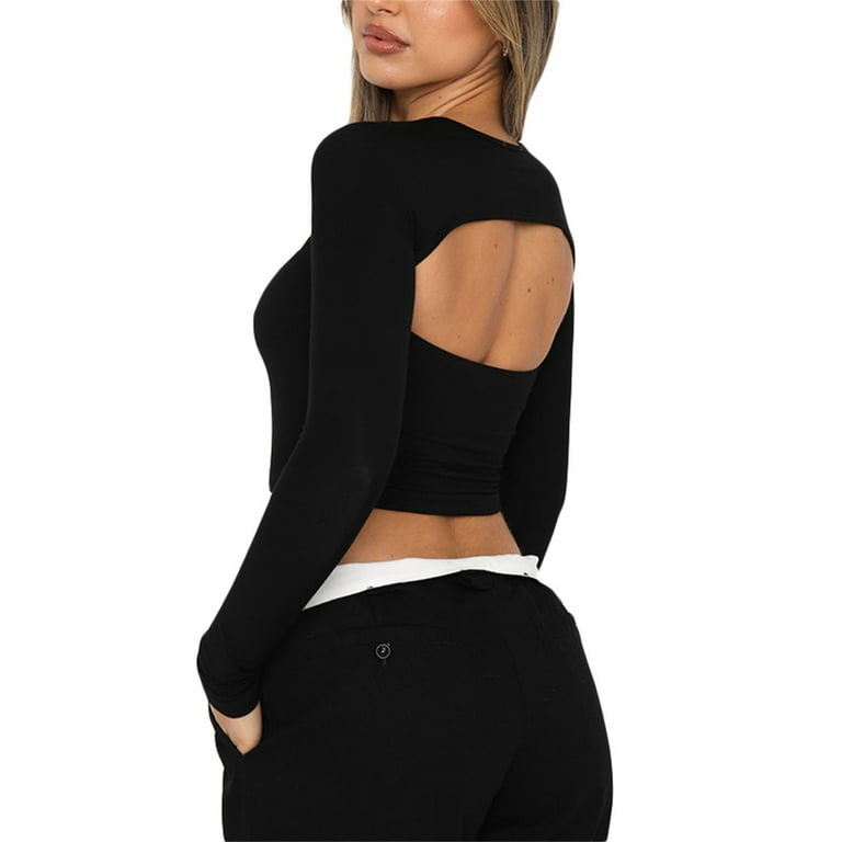wybzd Women Solid Black Streetwear T Shirt Crop Top Sleeve Tees Neck Tight Basic Cropped Pullover Long Crew Slim Fit Casual L