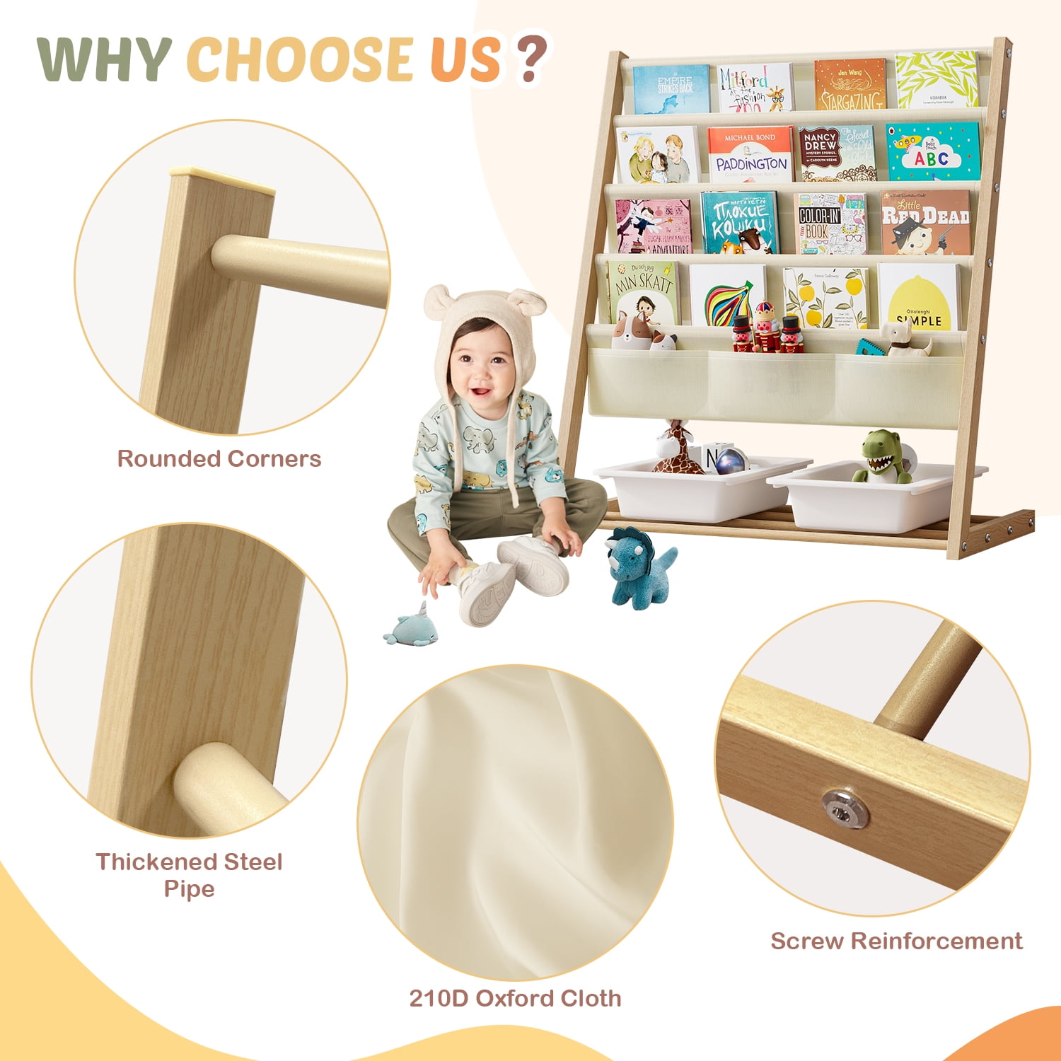 Bookcase, Bookshelf 4 Sling Book Rack Book Display with Storage Classroom Bookshelf 4 Tier Beige