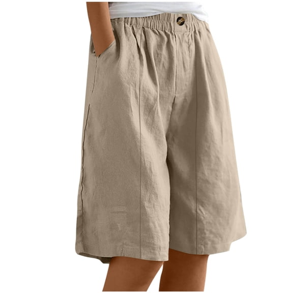 Kvture Bermuda Shorts for Women Knee Length Wide Leg Summer Short Pants High Waisted Cotton Linen Short Plus Size Crop Pant Khaki M