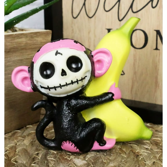 Ebros Furrybones Pink Baby Monkey with Giant Yellow Banana Figurine 3" Tall