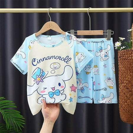 

Kawaii Sanrios Hello kittys Kuromi Cinnamoroll Children s Summer Thin Pajama Two-piece Set Cute Short Sleeved Shorts Home Clothe