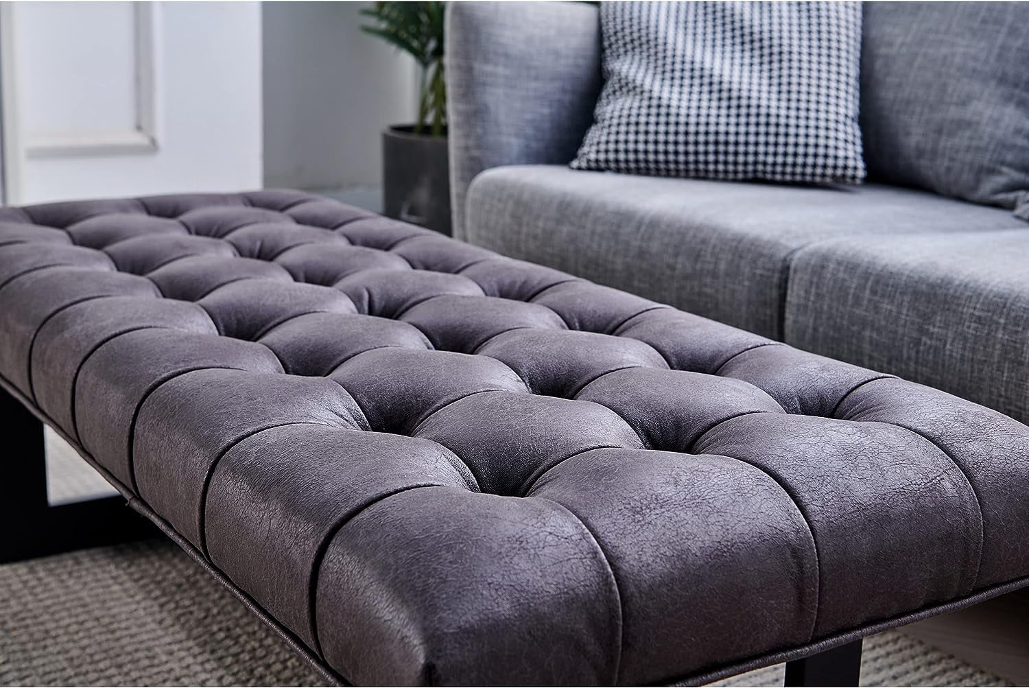 Nathaniel Home 48'' Button-Tufted Kids Ottoman, Upholstered Bedroom Benches, Leather Footrest Stool Accent Bench, for Bedroom End of Bed, Foggy Gray
