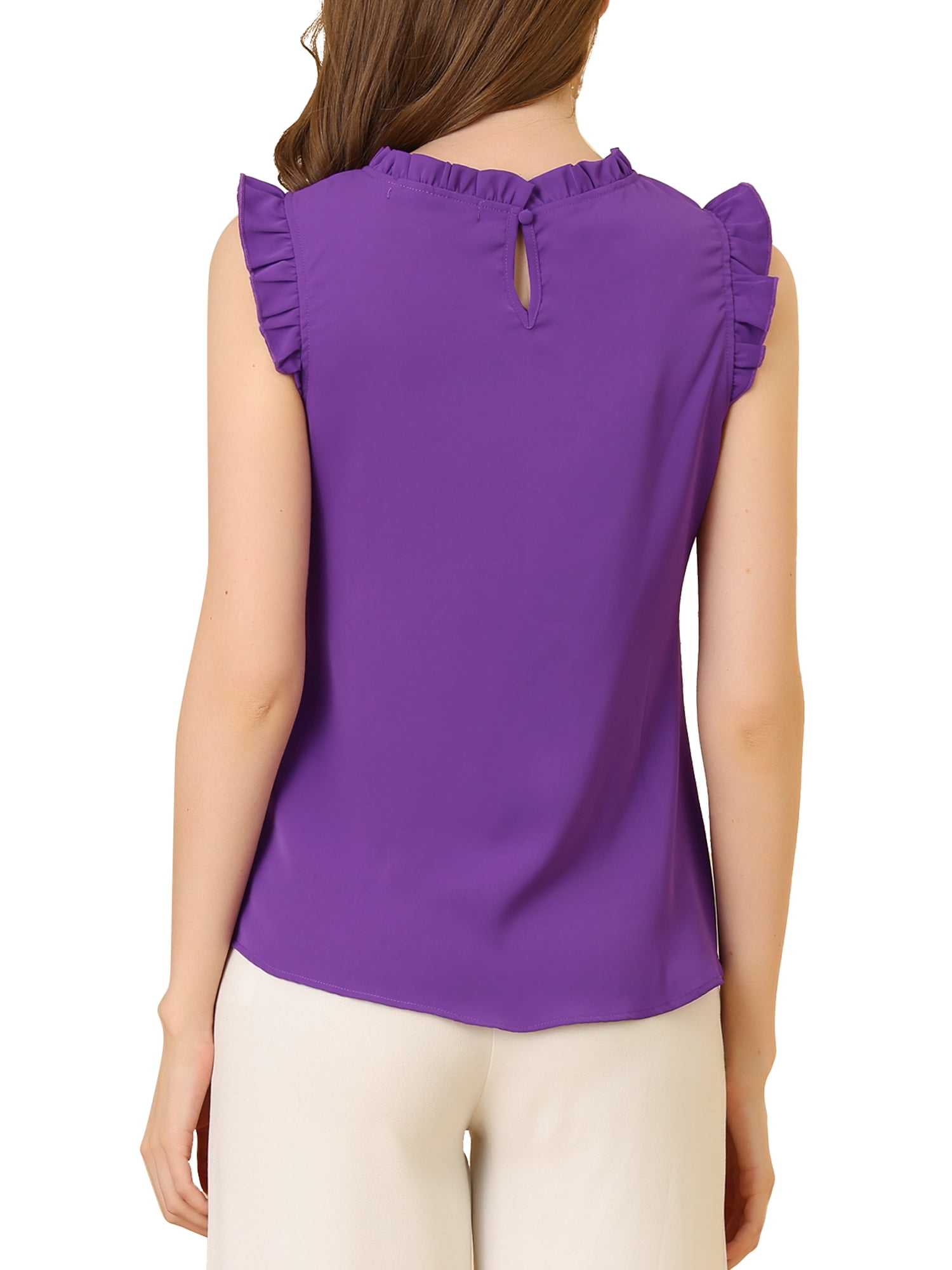 DARING DIVA Women's Ruffled Trim Pleated Plain Blouse Top M Deep Purple