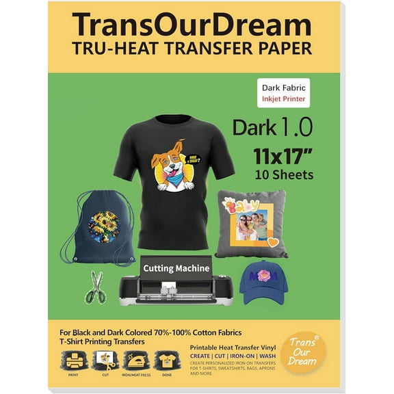 Dark Heat Transfer Paper for T Shirts (10 Sheets, 11x17") Printable HTV Heat Transfer Vinyl for Inkjet Printer Iron on Transfers for Dark Fabrics