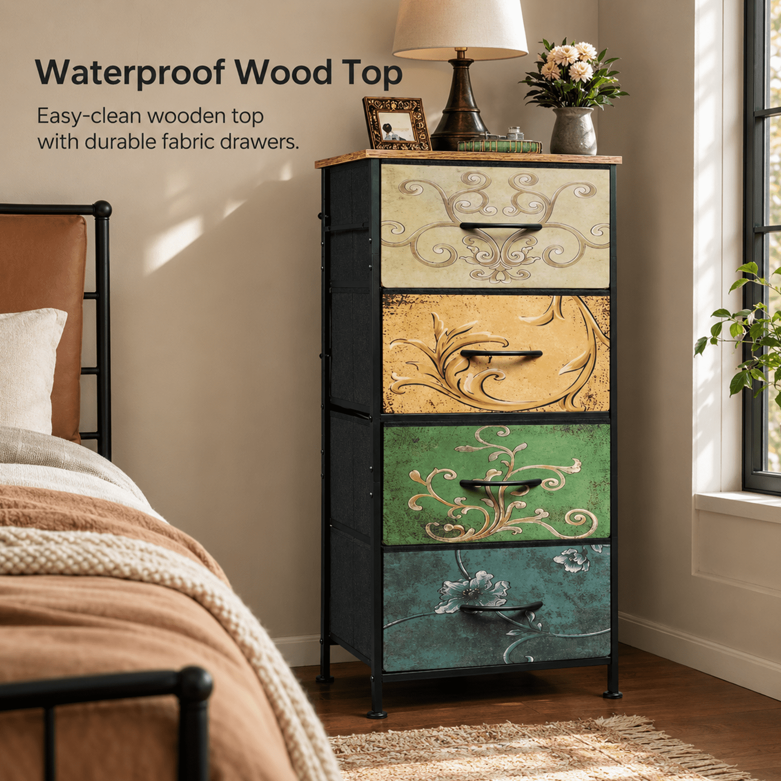 Alvantor 4/5/7/8/9-Drawer Dresser, Fabric Storage Tower for Bedroom, Hallway, Entryway, Closet, Tall Chest Organizer Unit with Fabric Bins, Steel Frame, Wood Top, Easy Pull Handle, Floral Painted