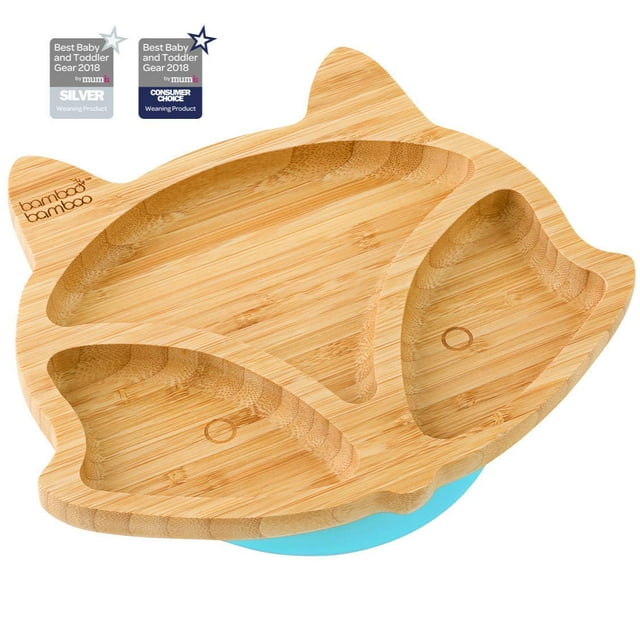 bamboo bamboo Baby Plates with Suction - Toddler Fox Cub Suction Plate, Stay Put Feeding Plate, Natural Bamboo