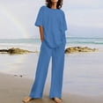 thumbnail image 2 of Dazajoo Two Piece Linen Sets for Women Summer Crewneck Short Sleeve Tops and High Waist Wide Leg Pants with Pockets Solid Color Loungewear Suits,Blue,XL, 2 of 7
