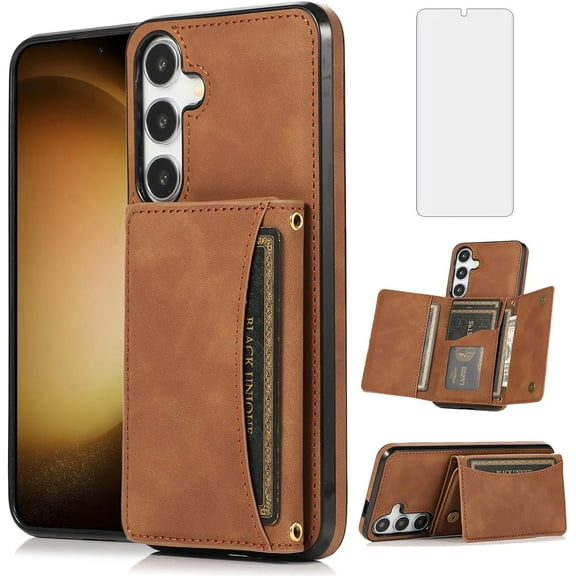 Phone Case for Samsung Galaxy S24 Plus S24  5G Wallet Cover with Tempered Glass Screen Protector and PU Leather Credit Card Holder Stand Cell Accessories S24plus 24S   S 24 24  Women Men Brown