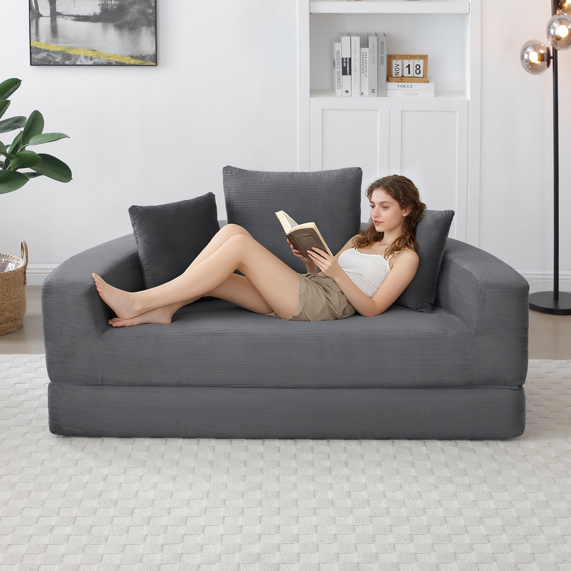Miniyam 67" X 67" Convertible Sofa Corduroy Couch Bed For Apartment, Adjustable Futon Sofa No Assembly Compressed Sofa, Gray